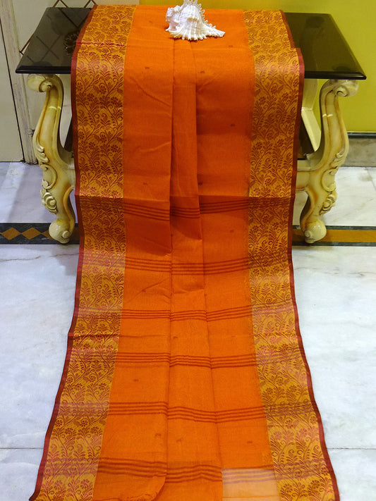 Thread Nakshi Jacket Border Bengal Handloom Cotton Saree in Burnt Orange, Amber and Maroon