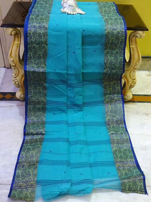 Thread Nakshi Jacket Border Bengal Handloom Cotton Saree in Sea Green, Flax Yellow and Navy Blue