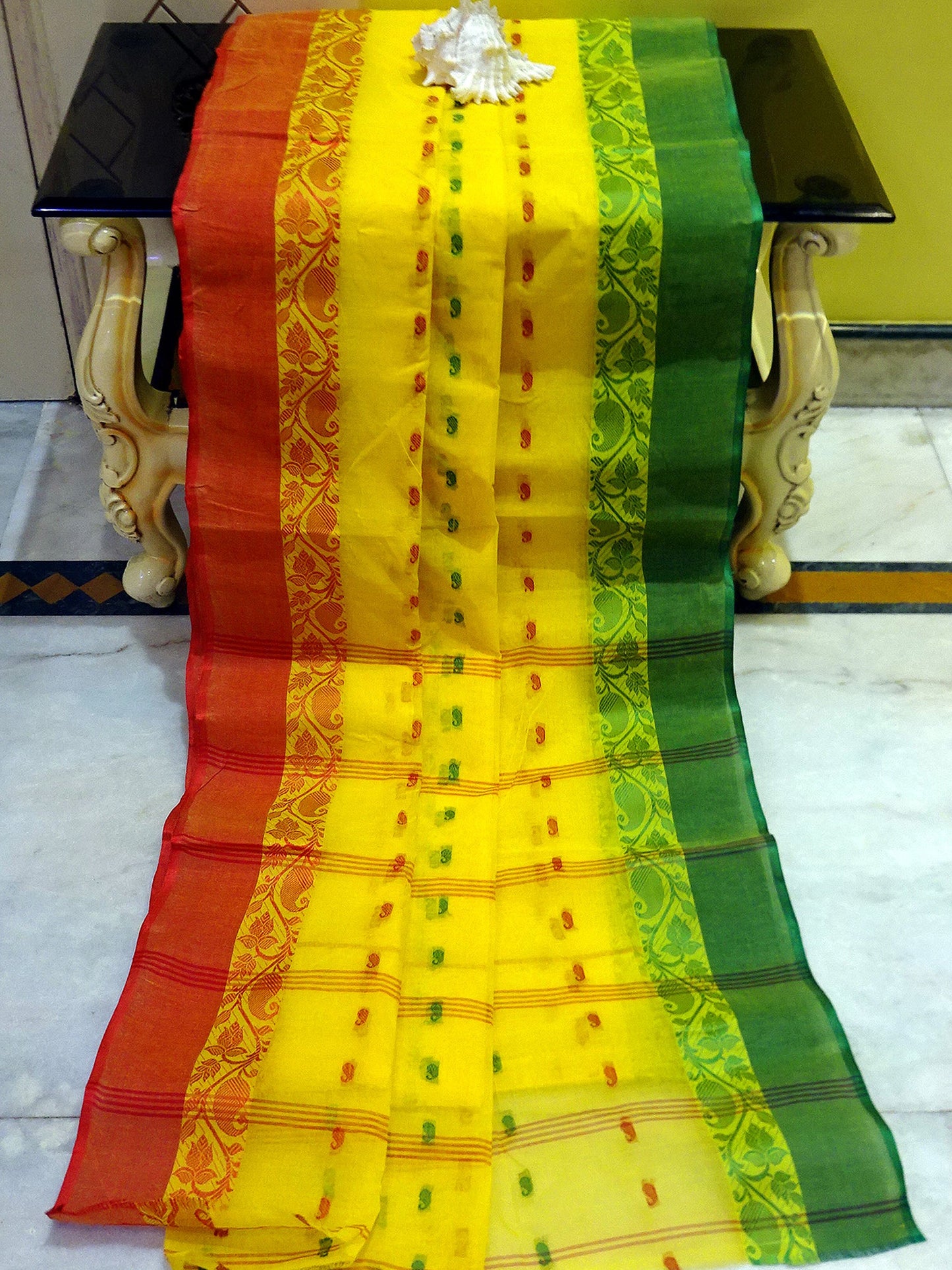 Bengal Handloom Cotton Hazar Buti Saree in Yellow, Green and Red