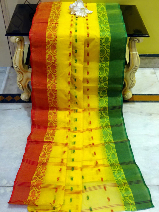 Bengal Handloom Cotton Hazar Buti Saree in Yellow, Green and Red