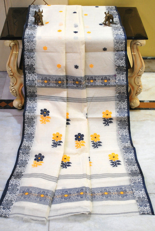 Medium Size Thread Nakshi Border Premium Quality Bengal Handloom Cotton Saree in Daisy White, Midnight Blue and Yellow