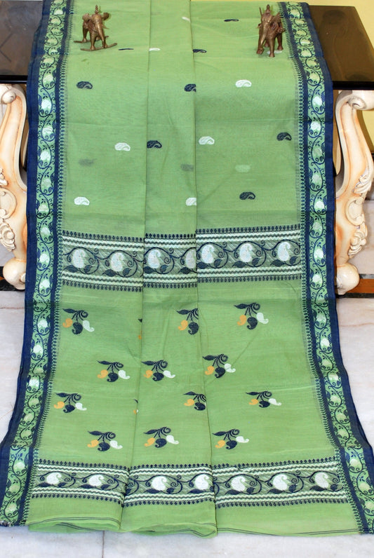 Medium Size Thread Nakshi Border Premium Quality Bengal Handloom Cotton Saree in Pistachio Green, Midnight Blue and Off White