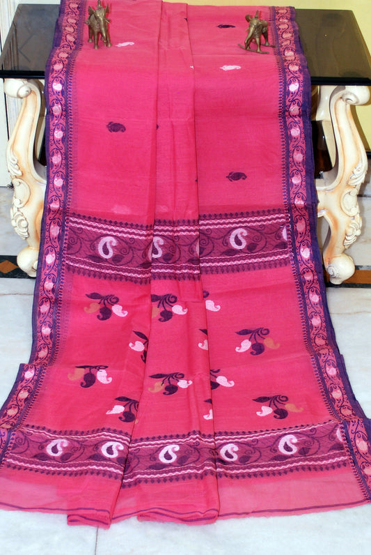 Medium Size Thread Nakshi Border Premium Quality Bengal Handloom Cotton Saree in Strawberry, Midnight Blue and Off White