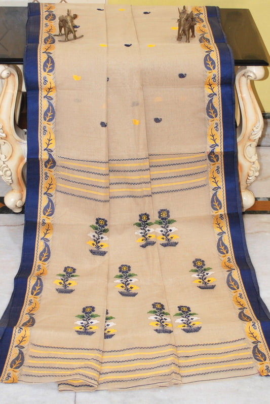 Medium Size Thread Nakshi Border Premium Quality Bengal Handloom Cotton Saree in Khaki and Multicolored