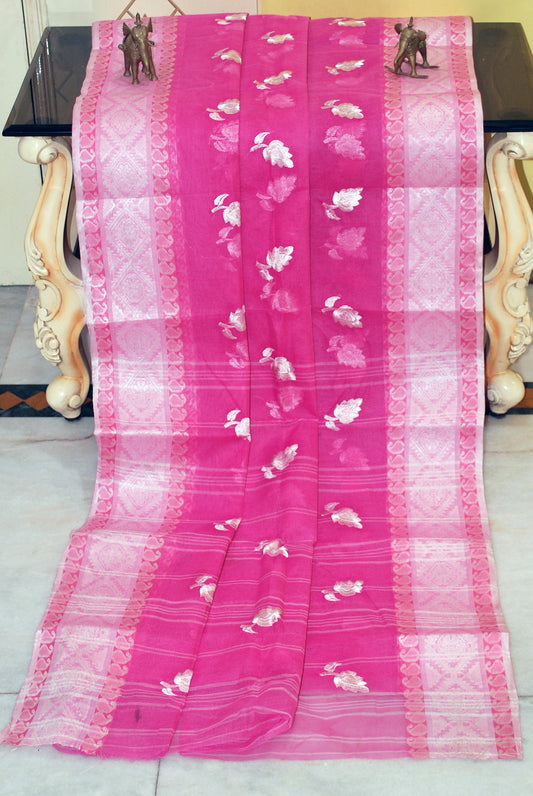 Bengal Handloom Cotton Saree with Leaf Motif Embroidery Work in Pink and Off White