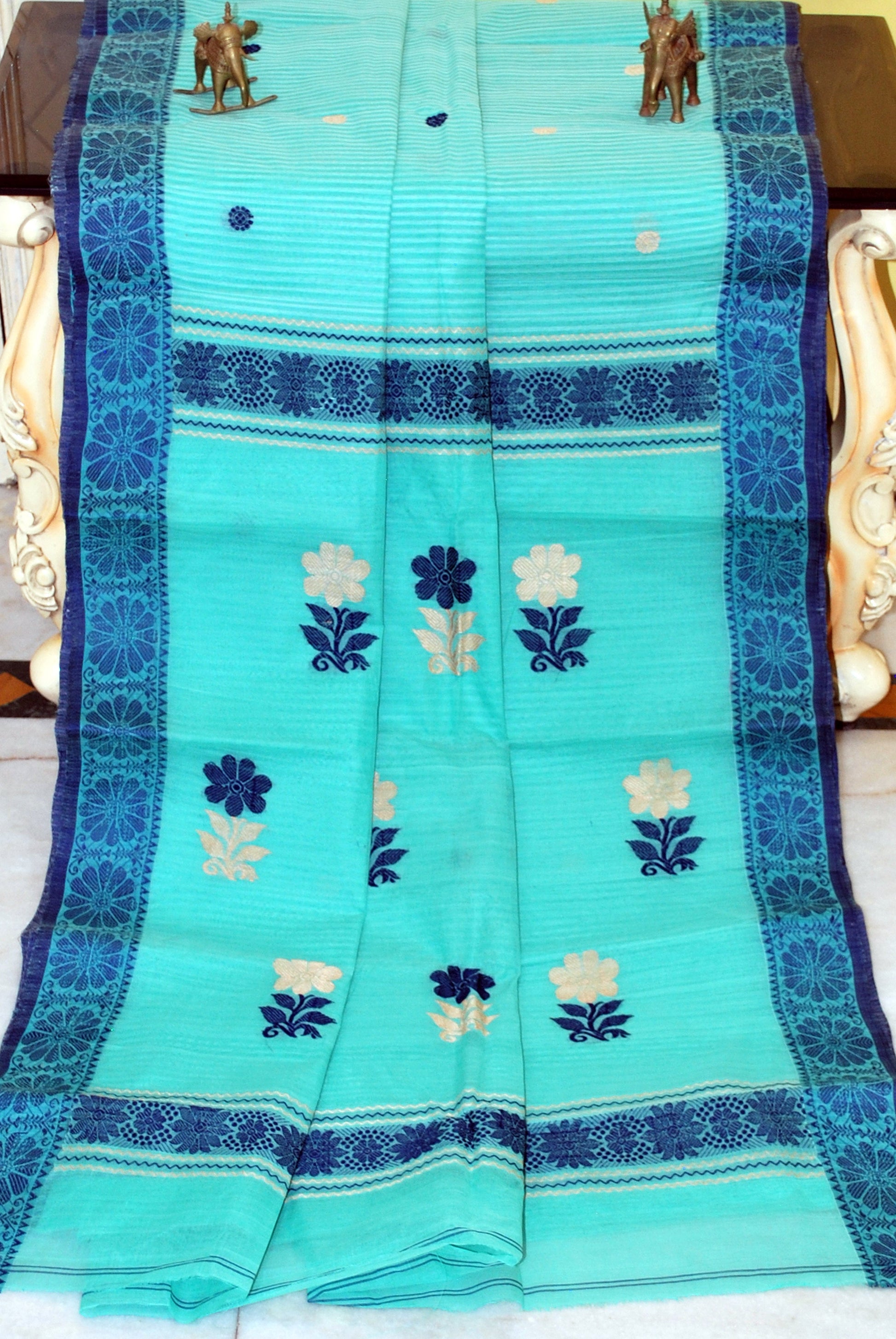 Medium Size Thread Nakshi Border Premium Quality Bengal Handloom Cotton Saree in Turquoise, Midnight Blue and Beige