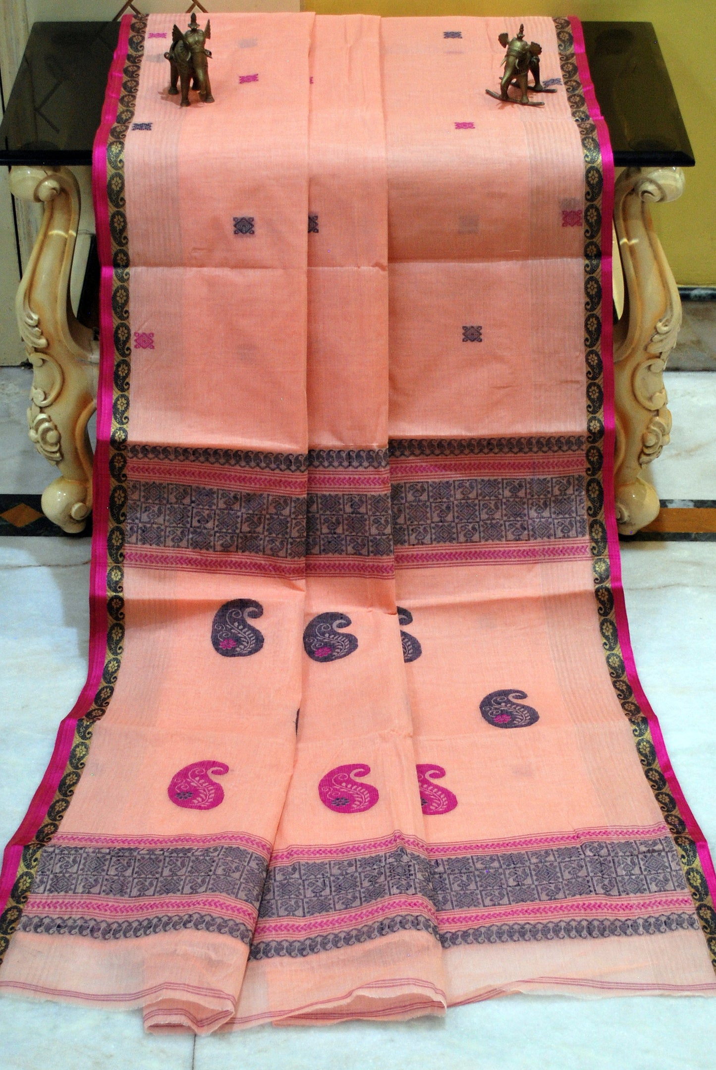 Medium Size Thread Nakshi Border Premium Quality Bengal Handloom Cotton Saree in Salmon Pink, Hot Pink and Midnight Blue