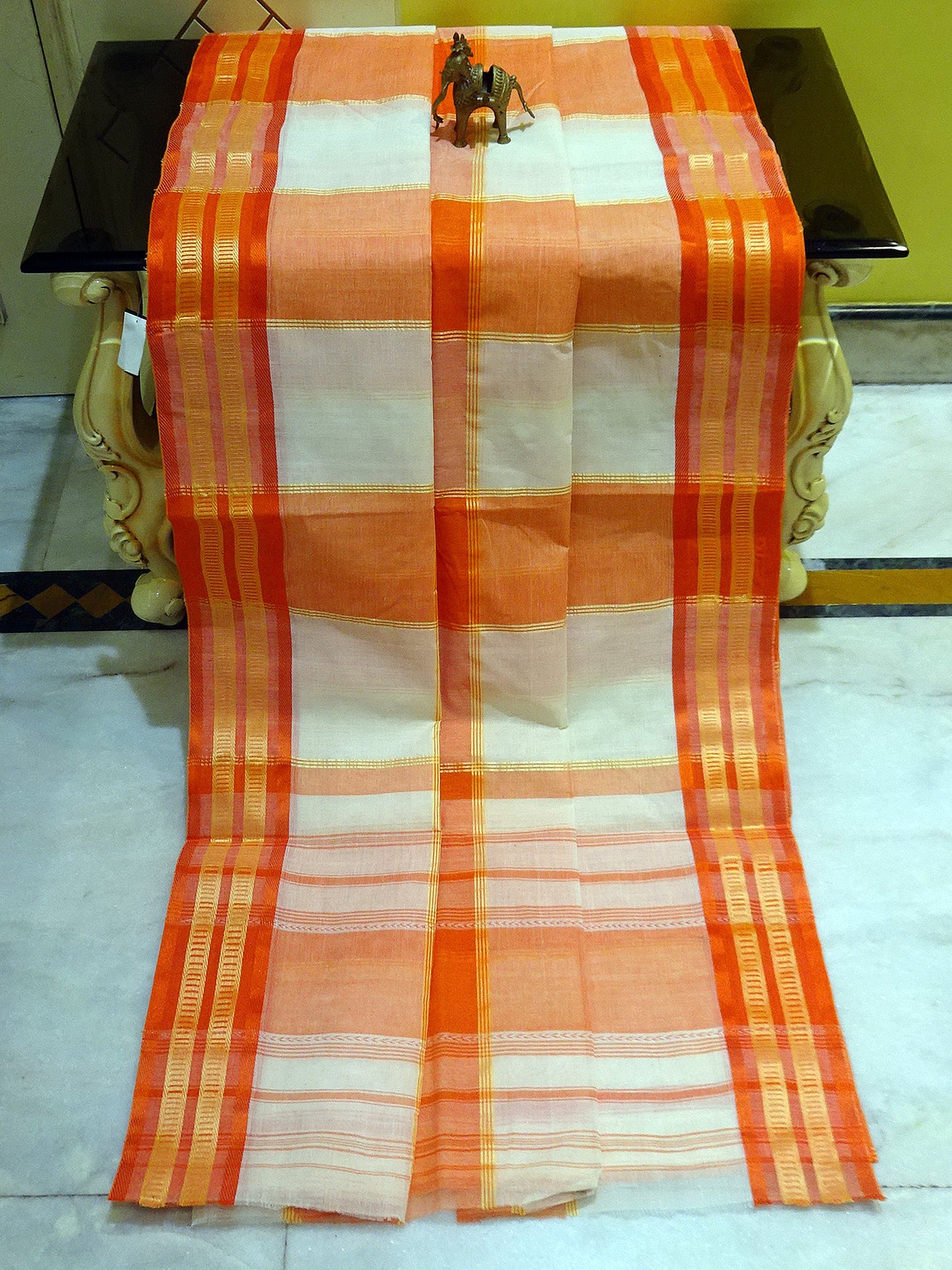 Aaina Checks Bengal Handloom Cotton Saree in Orange and Off White