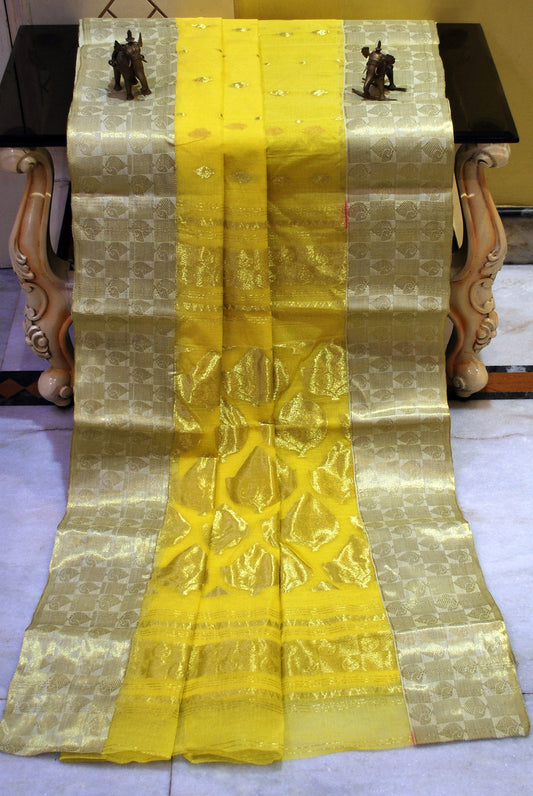 Rich Pallu Bengal Handloom Cotton Saree in Lemon Yellow, Off White and Matt Gold