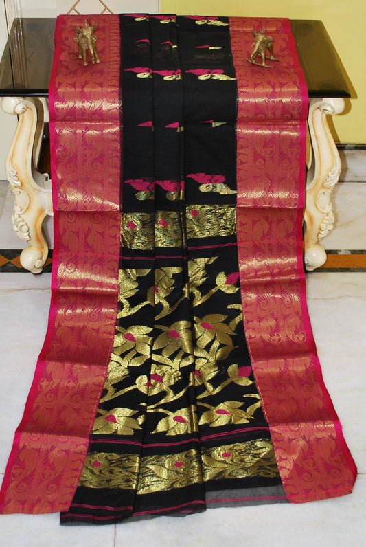 Rich Pallu Bengal Handloom Cotton Saree in Black and Cerise Pink