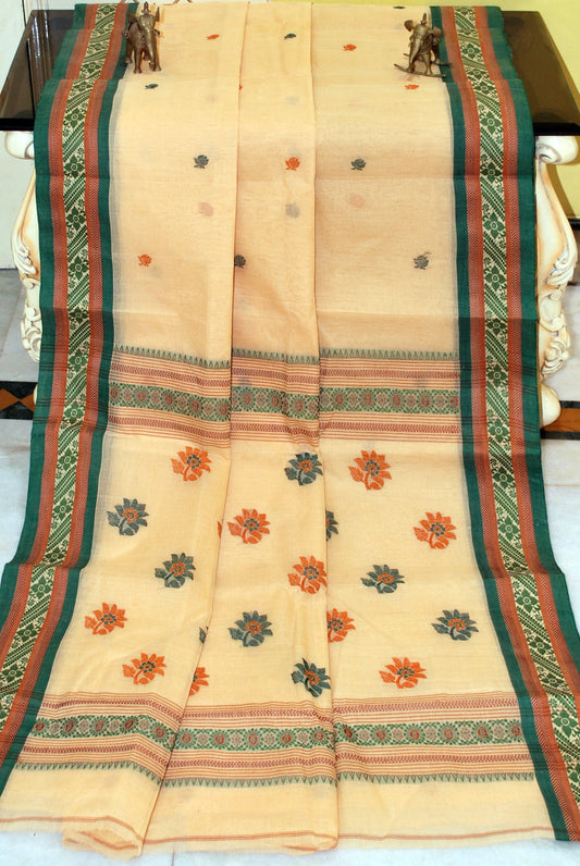 Medium Size Thread Nakshi Border Premium Quality Bengal Handloom Cotton Saree in Cream, Tawny Brown and Dark Green