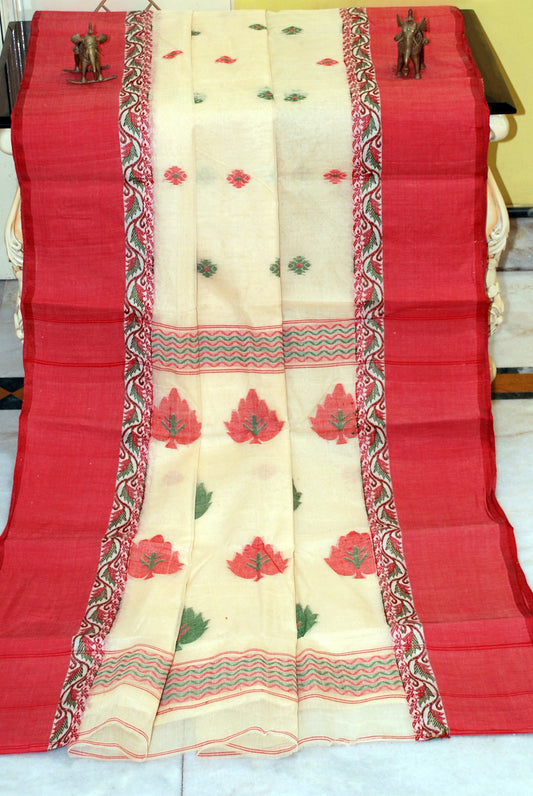 Medium Size Thread Nakshi Border Premium Quality Bengal Handloom Cotton Saree in Beige, Red and Green