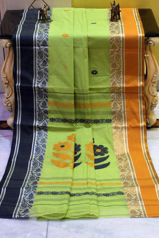 Woven Matta Nakshi Border Premium Quality Bengal Handloom Cotton Saree in Apple Green, Midnight Blue and Chrome Gold