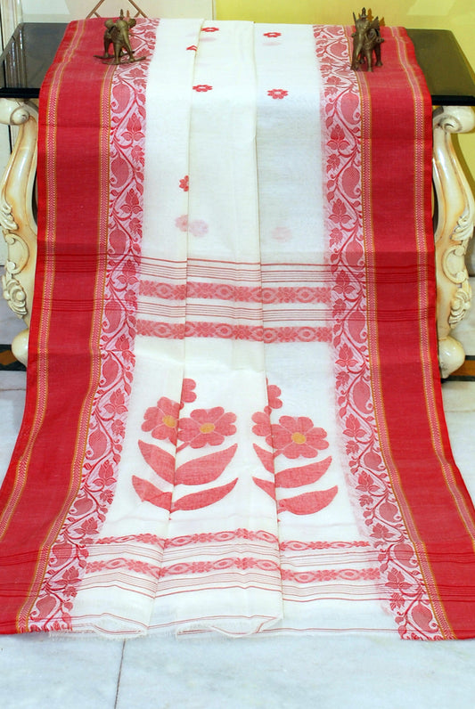 Woven Matta Nakshi Border Premium Quality Bengal Handloom Cotton Saree in Off White, Red and Beige