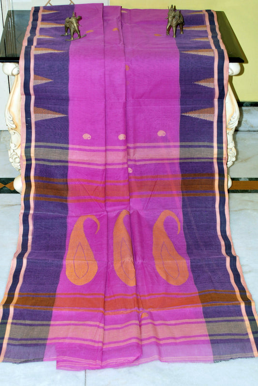 Woven Matta Nakshi Border Premium Quality Bengal Handloom Cotton Saree in Purple, Midnight Blue and Beige