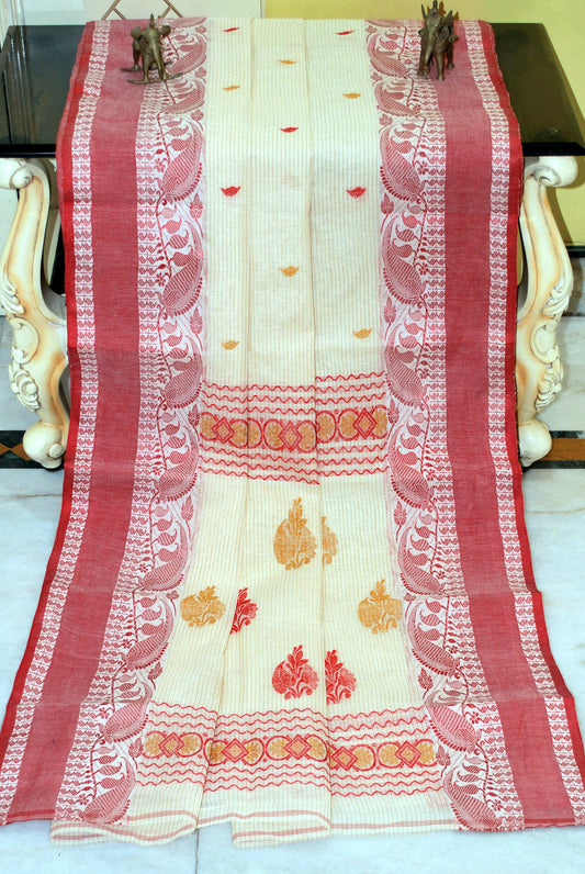 Woven Matta Nakshi Border with Body Stripes Bengal Handloom Cotton Saree in Off White, Red and Mustard