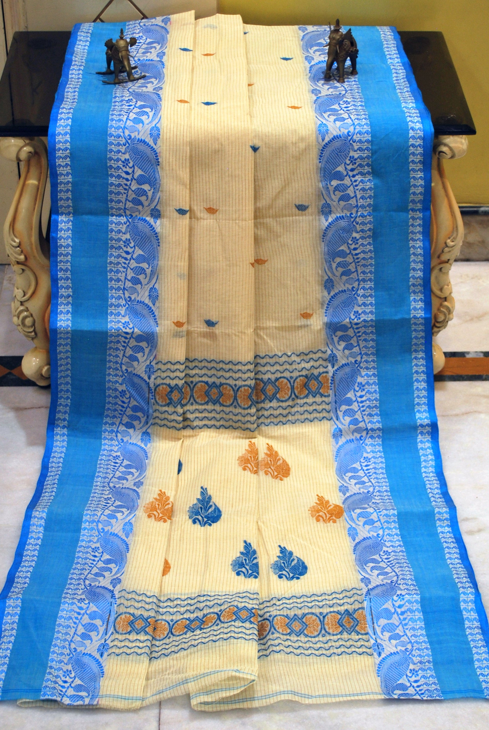 Woven Matta Nakshi Border with Body Stripes Bengal Handloom Cotton Saree in Off White, Blue and Mustard