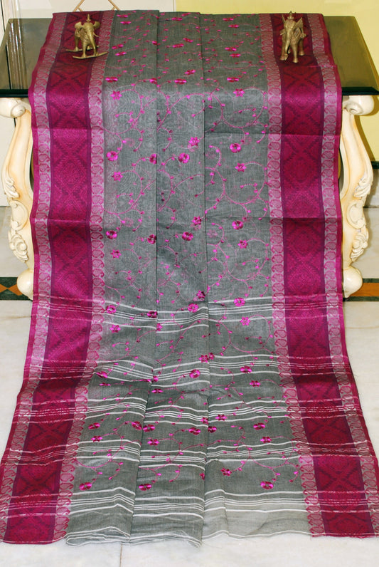 Bengal Handloom Cotton Saree with Floral Jaal Embroidery Work in Charcoal Grey and Magenta