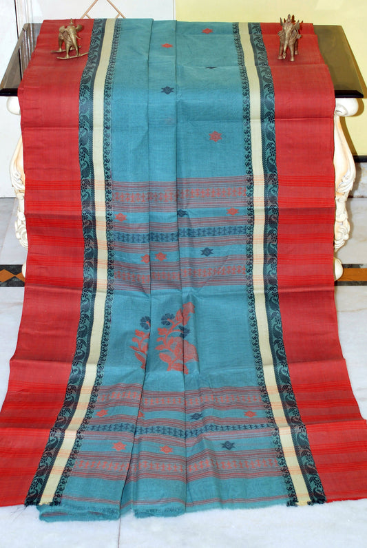 Woven Matta Nakshi Border Premium Quality Bengal Handloom Cotton Saree in Crystal Teal, Brick Red and Beige