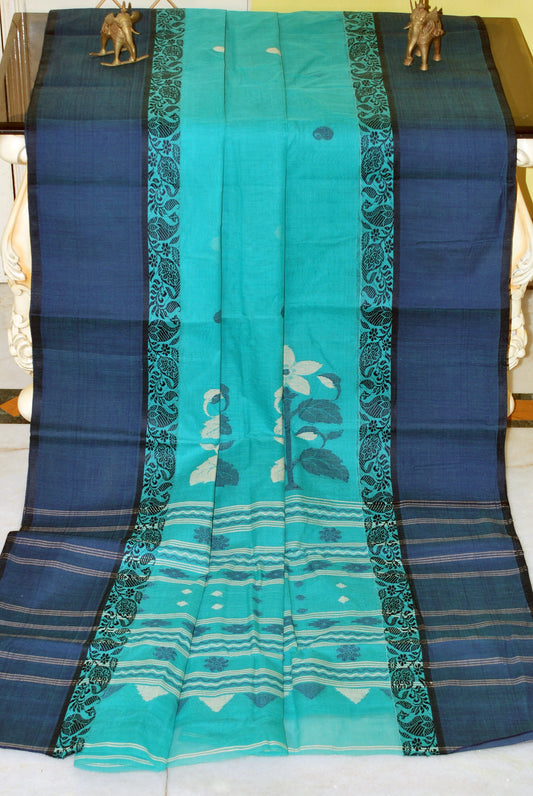 Woven Matta Nakshi Border Premium Quality Bengal Handloom Cotton Saree in Sea Green, Midnight Blue and Beige