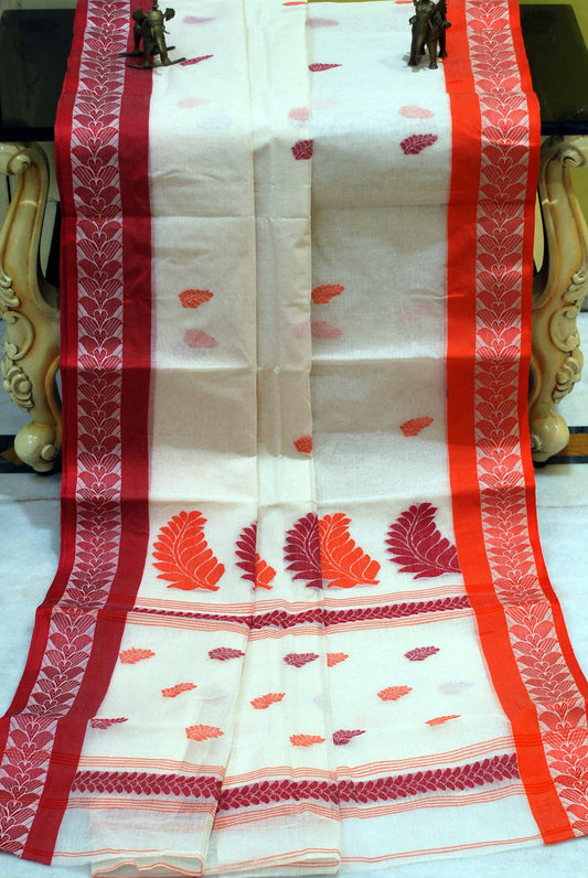 Sil Nakshi Border Bengal Handloom Cotton Bomkai Saree in Off White, Red and Orange Thread Work