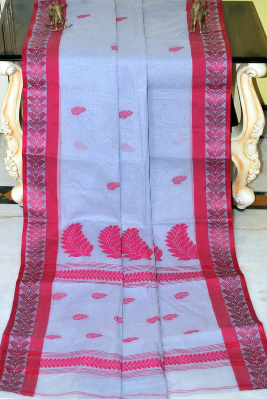 Sil Nakshi Border Bengal Handloom Cotton Bomkai Saree in Blue Grey and Raspberry Red Thread Work