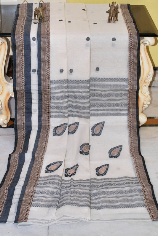 Premium Quality Bengal Handloom Minakari Bomkai Cotton Saree in Off White, Beige and Black