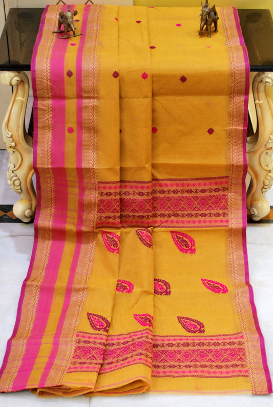 Premium Quality Bengal Handloom Minakari Bomkai Cotton Saree in Ochre Yellow, Hot Pink and Maroon