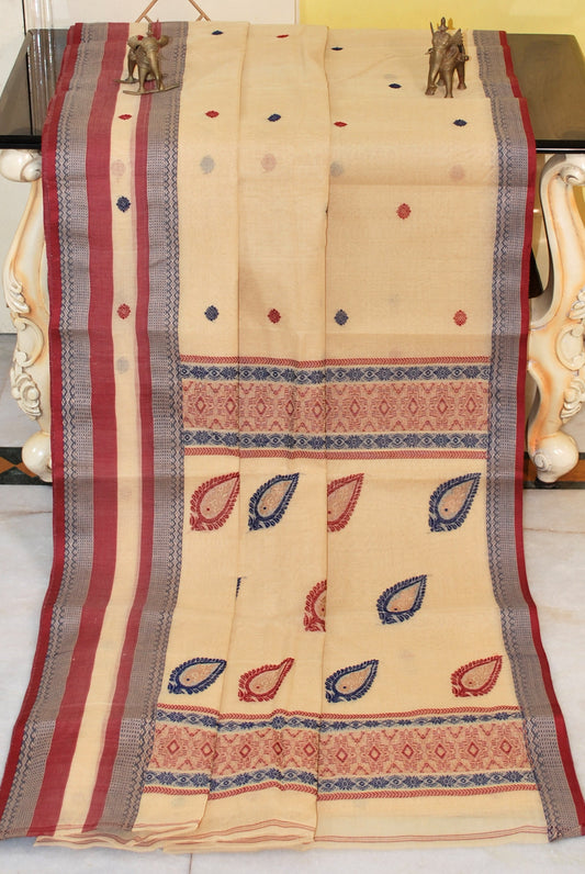 Premium Quality Bengal Handloom Minakari Bomkai Cotton Saree in Fawn, Brown and Navy Blue