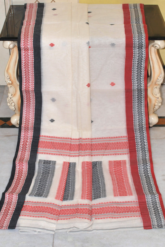 Sil Nakshi Border Bengal Handloom Cotton Bomkai Saree in Off White, Red and Black Thread Work