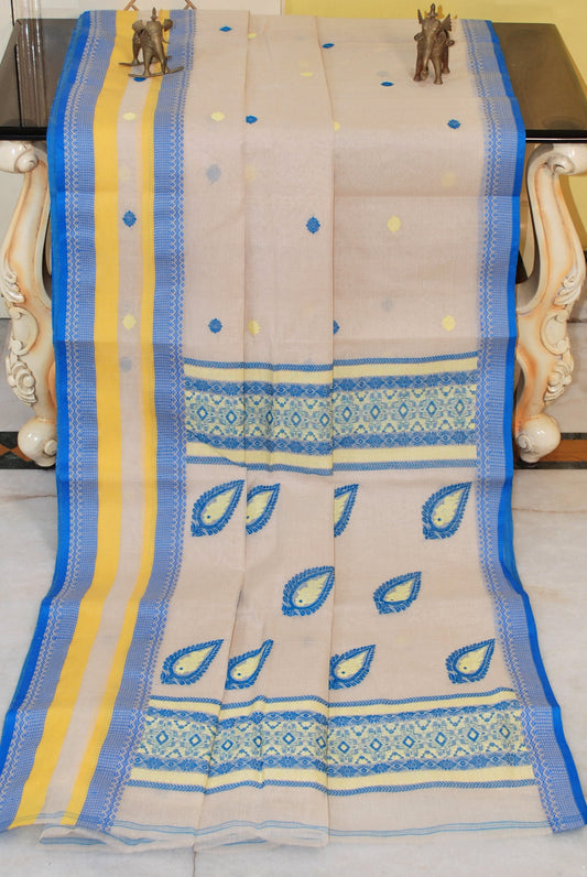 Premium Quality Bengal Handloom Minakari Bomkai Cotton Saree in Parchment White, Blue and Yellow