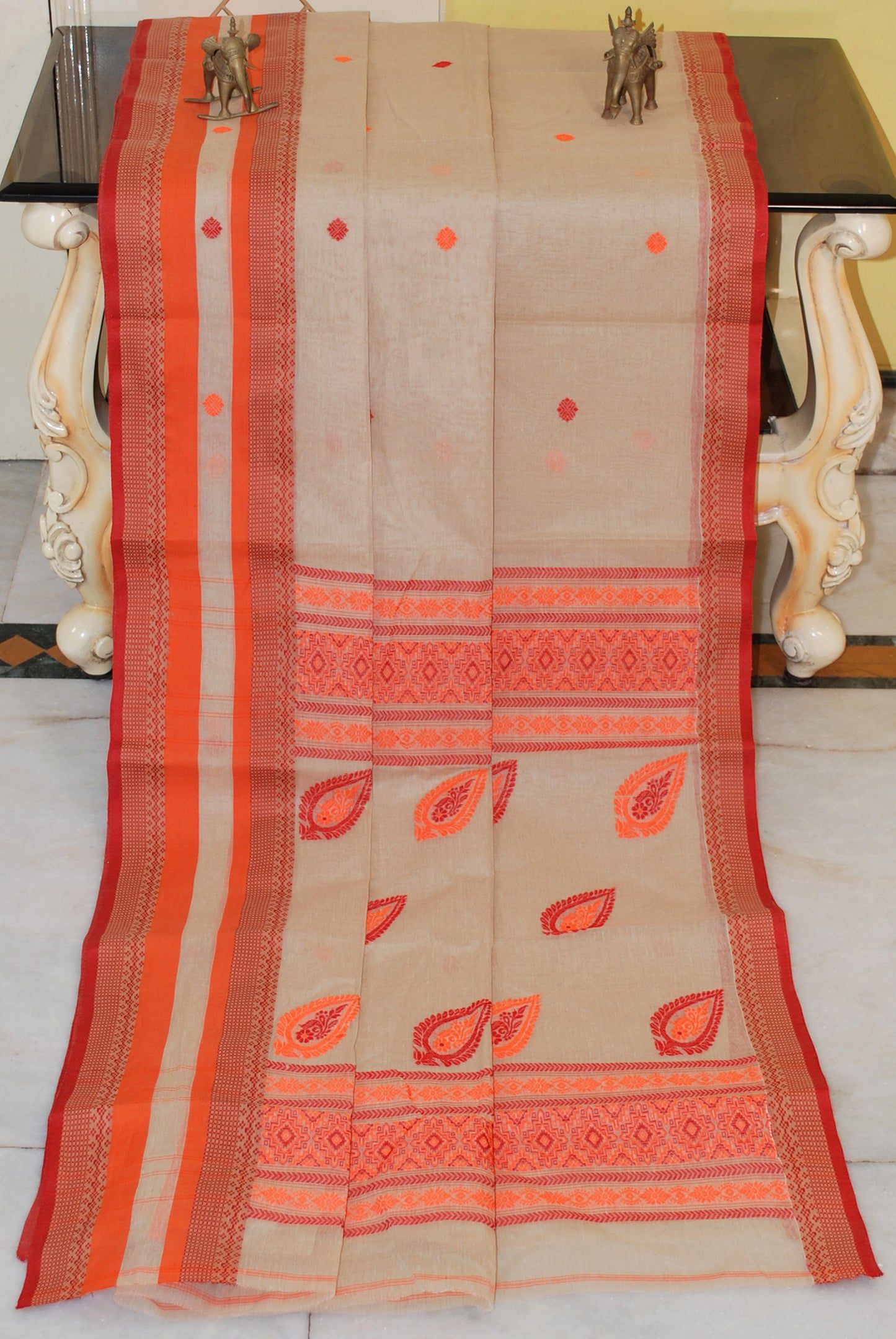 Premium Quality Bengal Handloom Minakari Bomkai Cotton Saree in Beige, Red and Orange