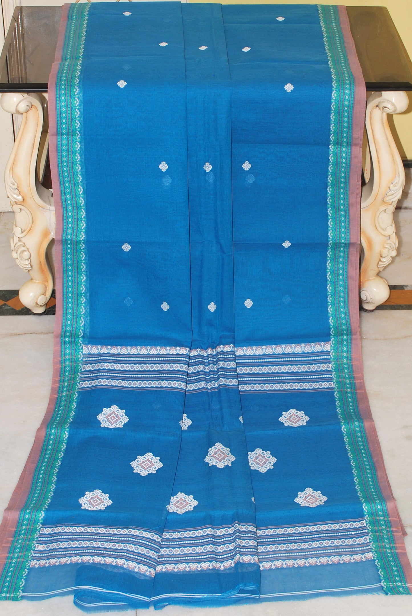 Medium Size Thread Nakshi Border Premium Quality Bengal Handloom Cotton Saree in Cobalt Blue, Off White, Sea Green and Dark Beige