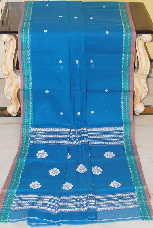 Medium Size Thread Nakshi Border Premium Quality Bengal Handloom Cotton Saree in Cobalt Blue, Off White, Sea Green and Dark Beige