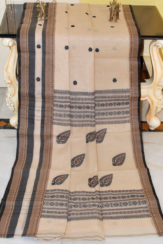 Premium Quality Bengal Handloom Minakari Bomkai Cotton Saree in Khaki, Dark Brown and Black