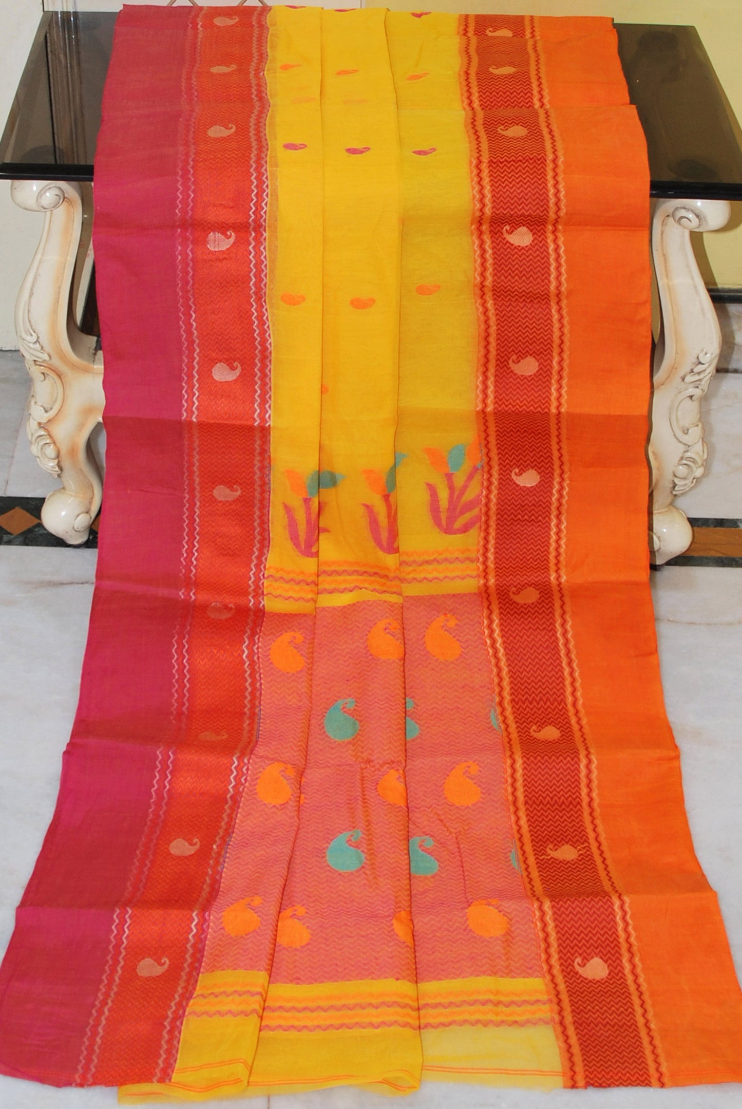 Woven Matta Nakshi Border Premium Quality Bengal Handloom Cotton Saree in Yellow, Orange and Hot Pink