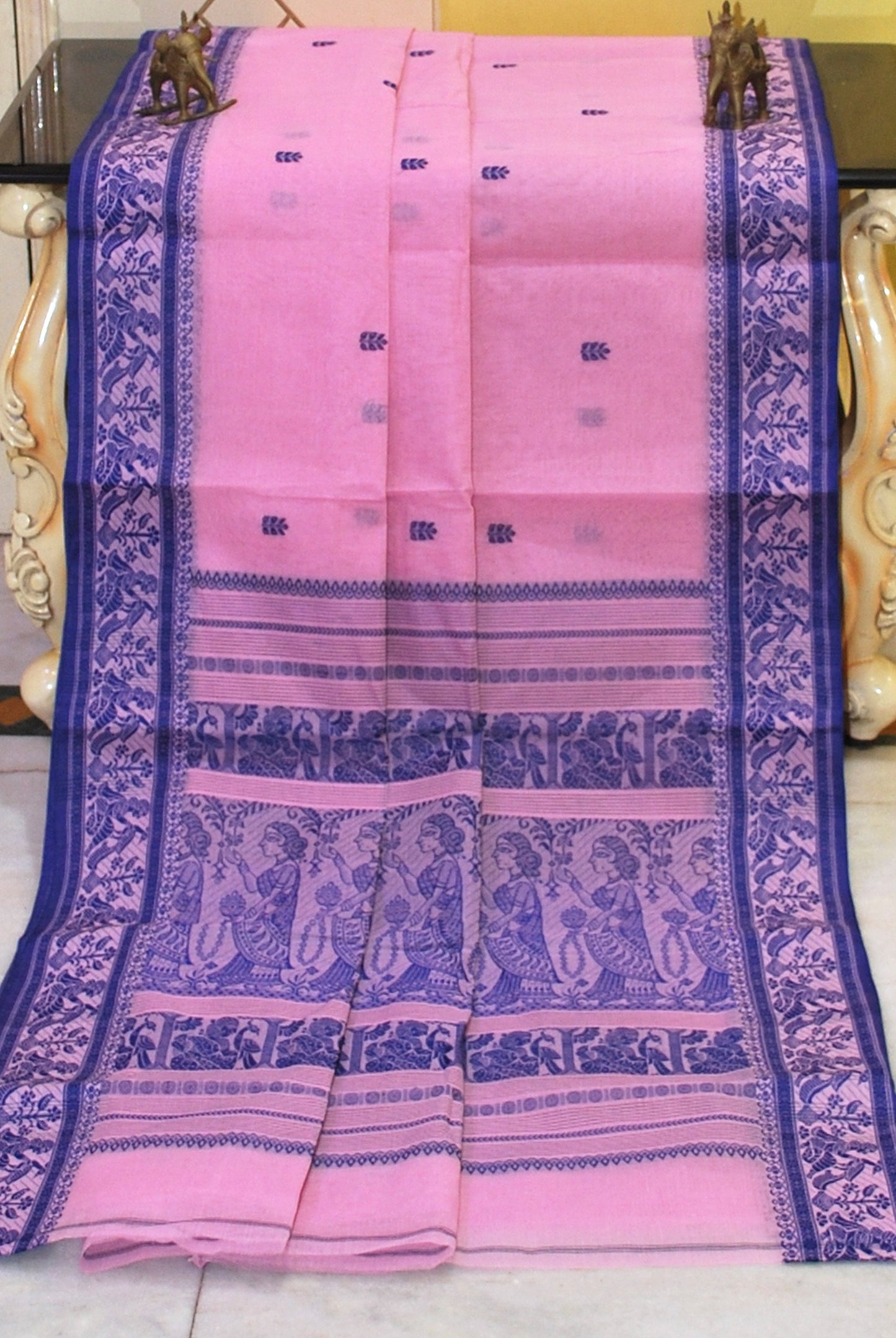 Bengal Handloom Cotton Baluchuri Saree in Ballet Slipper Pink and Dark Blue