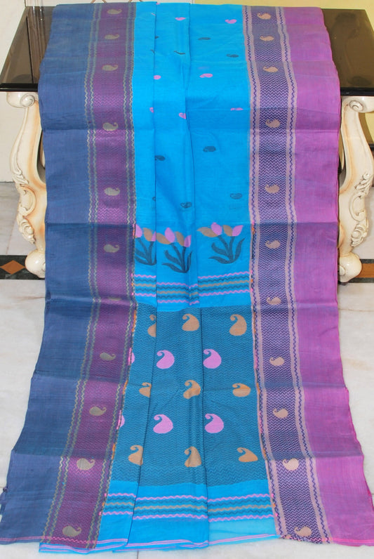 Woven Matta Nakshi Border Premium Quality Bengal Handloom Cotton Saree in Azure Blue, Orchid Pink and Slate Grey