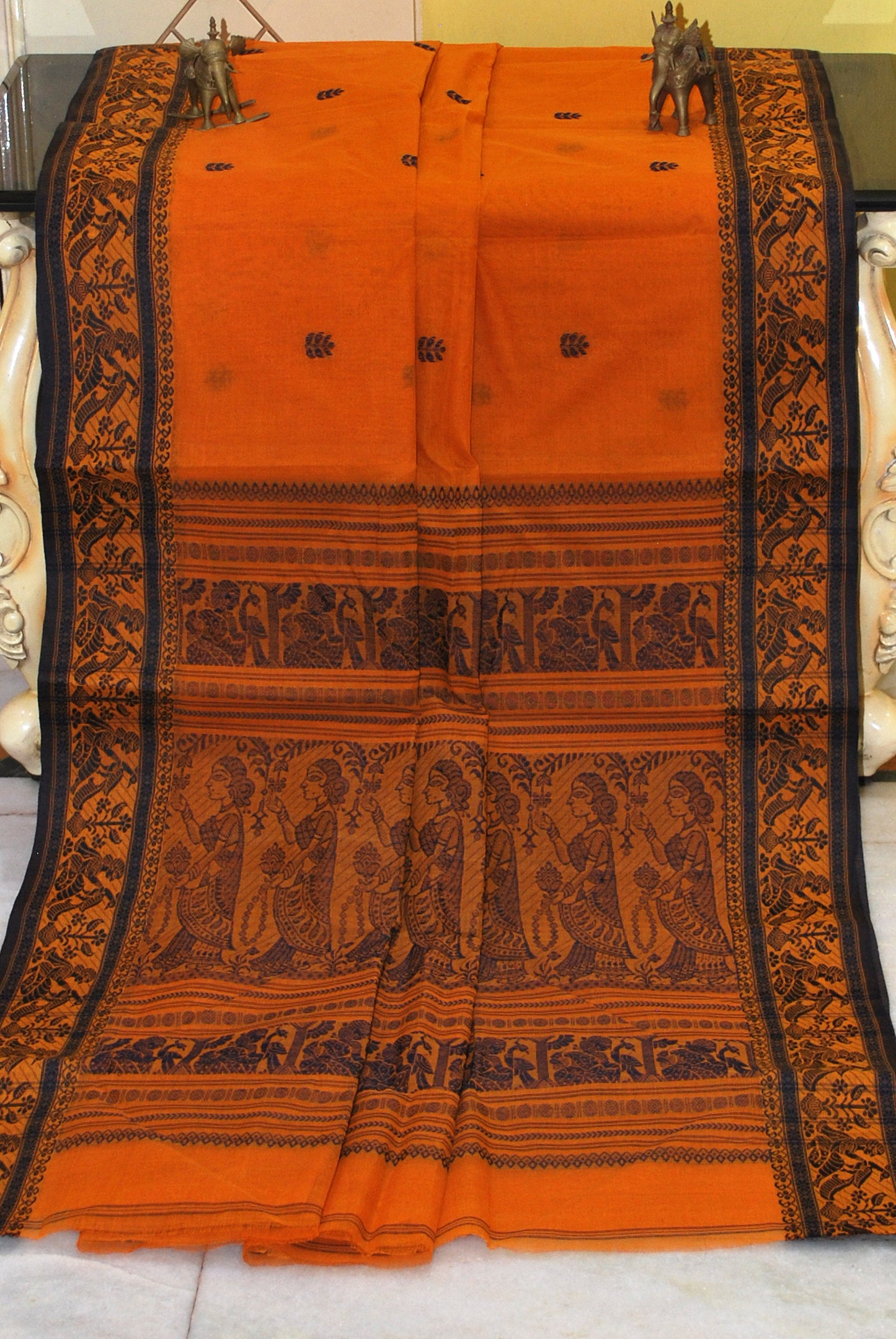 Bengal Handloom Cotton Baluchuri Saree in Rust Orange and Black