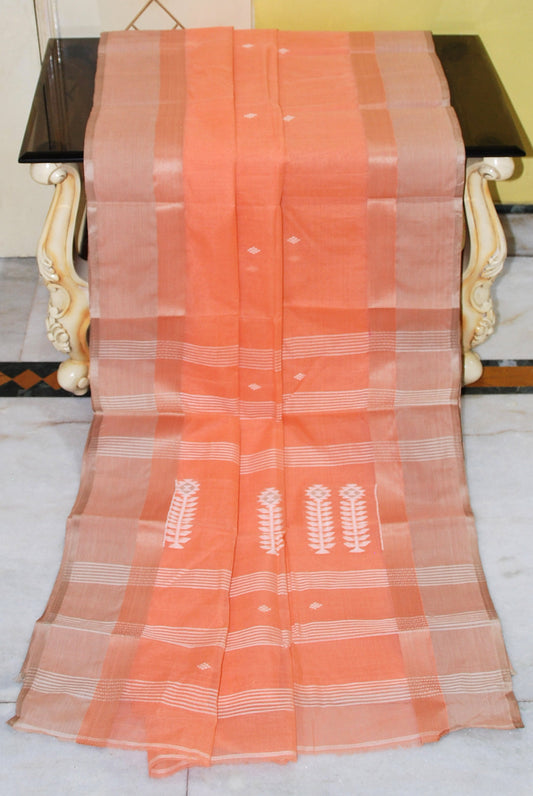 Woven Matta Nakshi Border Premium Quality Bengal Handloom Cotton Saree in Peach and Off White