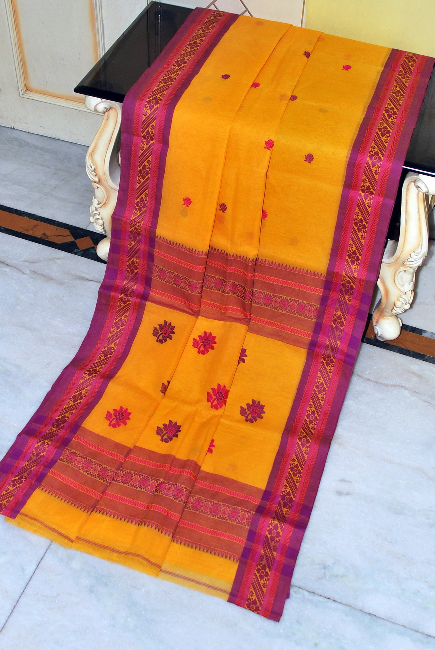 Medium Size Thread Nakshi Border Premium Quality Bengal Handloom Cotton Saree in Golden Yellow, Pink and Purple