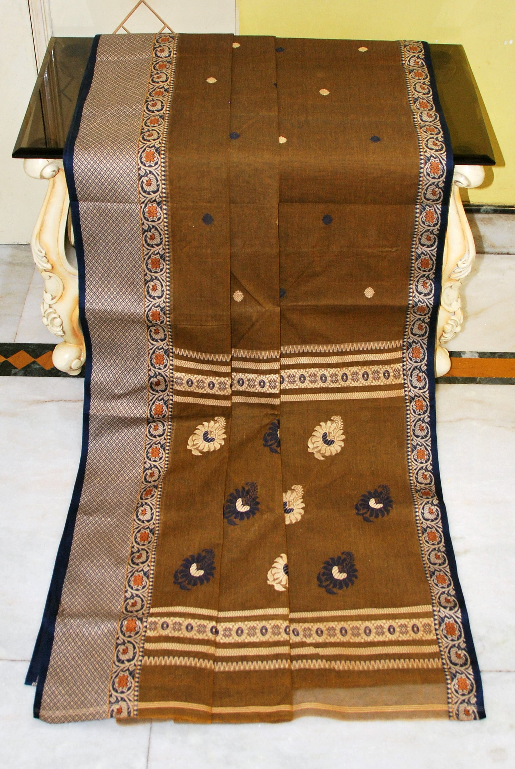 Bengal Handloom Thread Work Bomkai Cotton Saree in Sepia Brown, Mustard, Beige and Black 