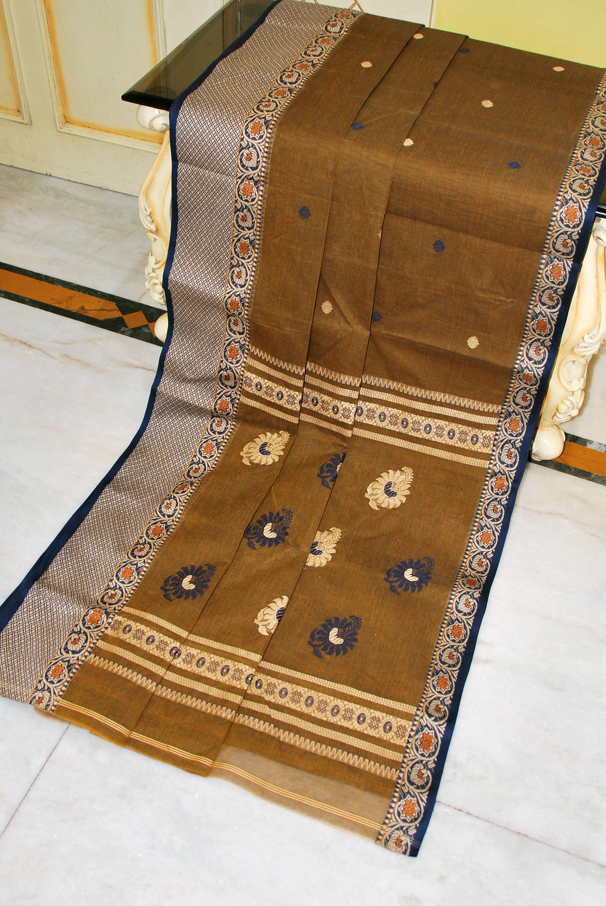 Bengal Handloom Thread Work Bomkai Cotton Saree in Sepia Brown, Mustard, Beige and Black 