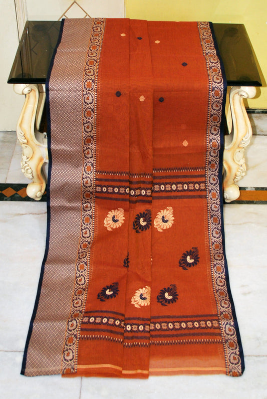 Bengal Handloom Thread Work Bomkai Cotton Saree in Rust Brown, Beige and Black