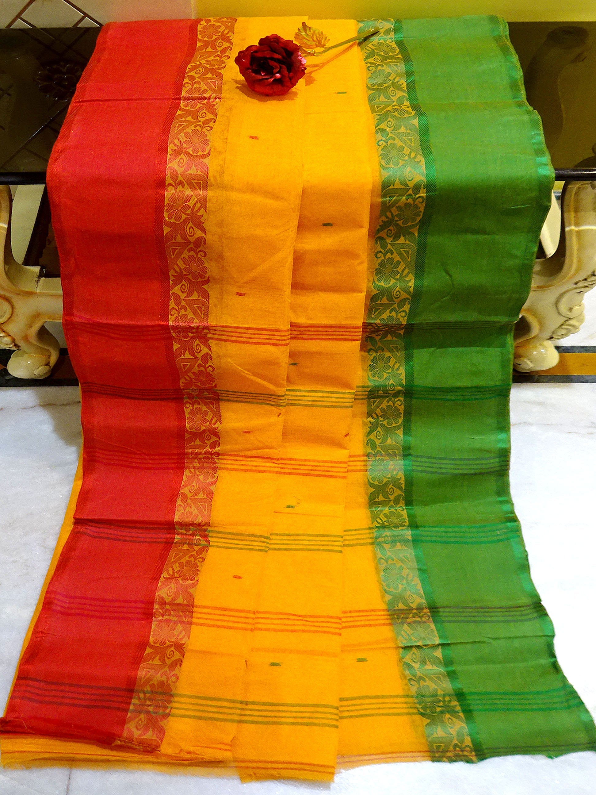 Bengal Handloom Cotton Saree in Sunset Yellow from Bengal Looms India