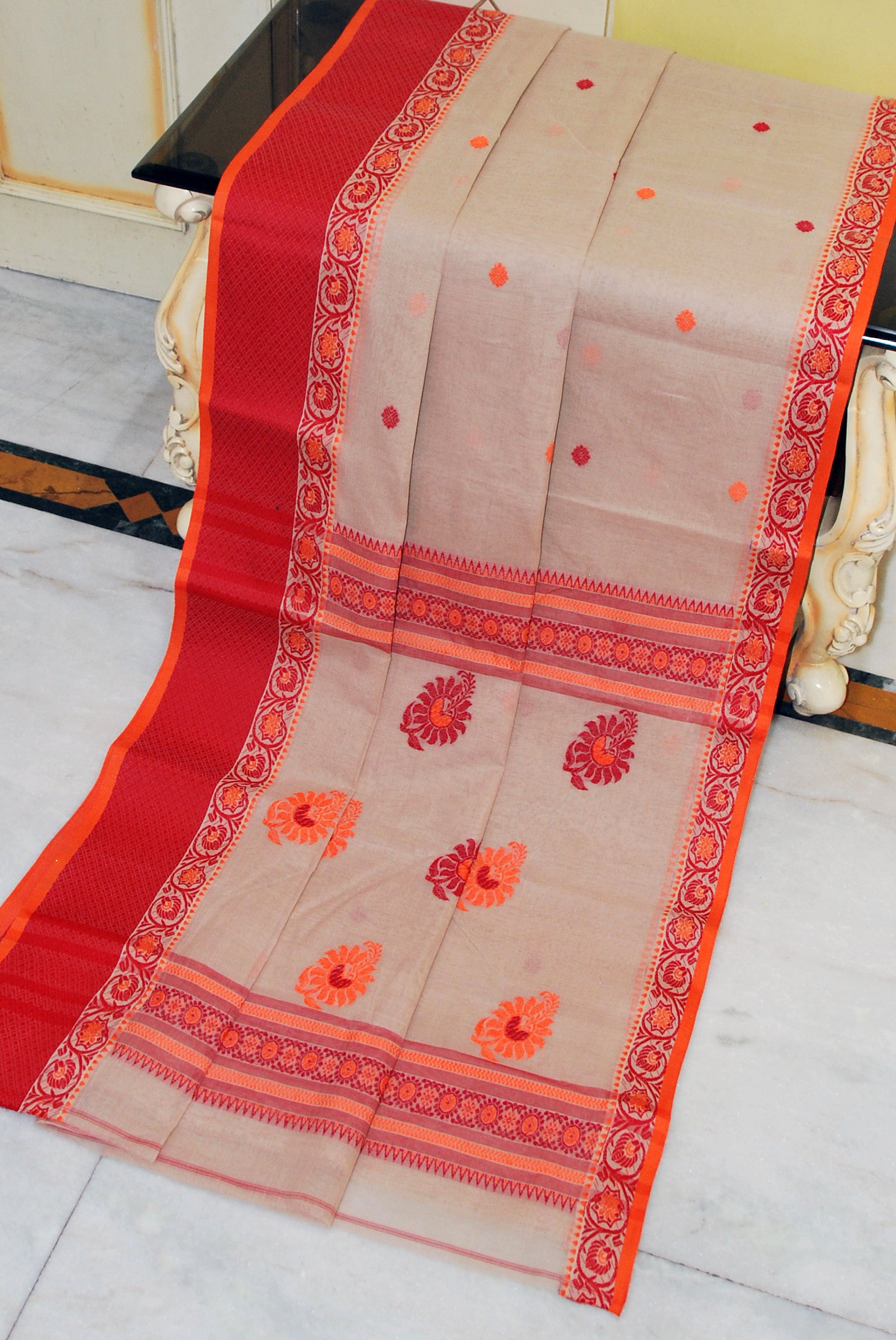Bengal Handloom Thread Work Bomkai Cotton Saree in Hazelnut Beige, Red and Orange