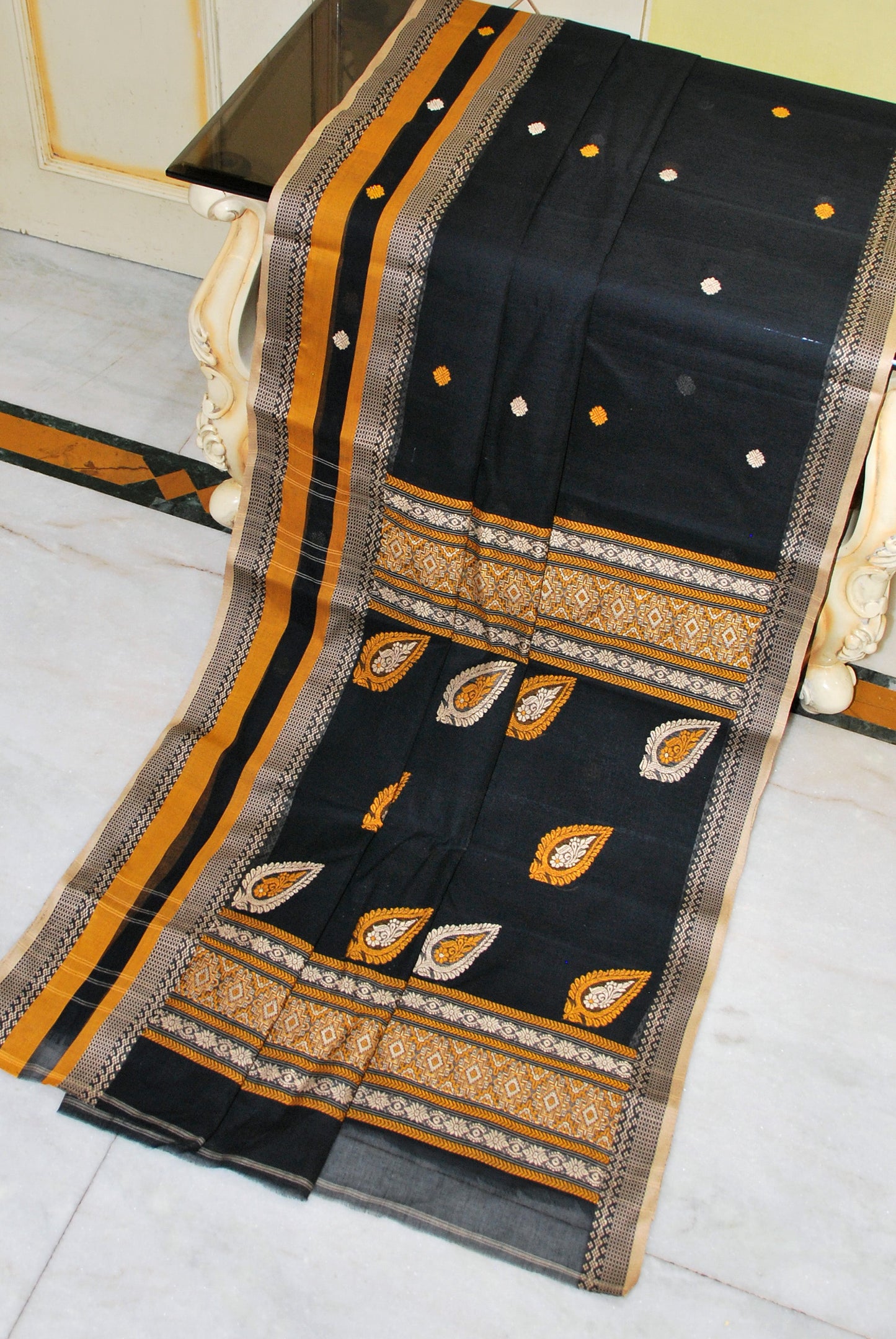 Premium Quality Bengal Handloom Minakari Bomkai Cotton Saree in Black, Light Beige and Mustard Golden