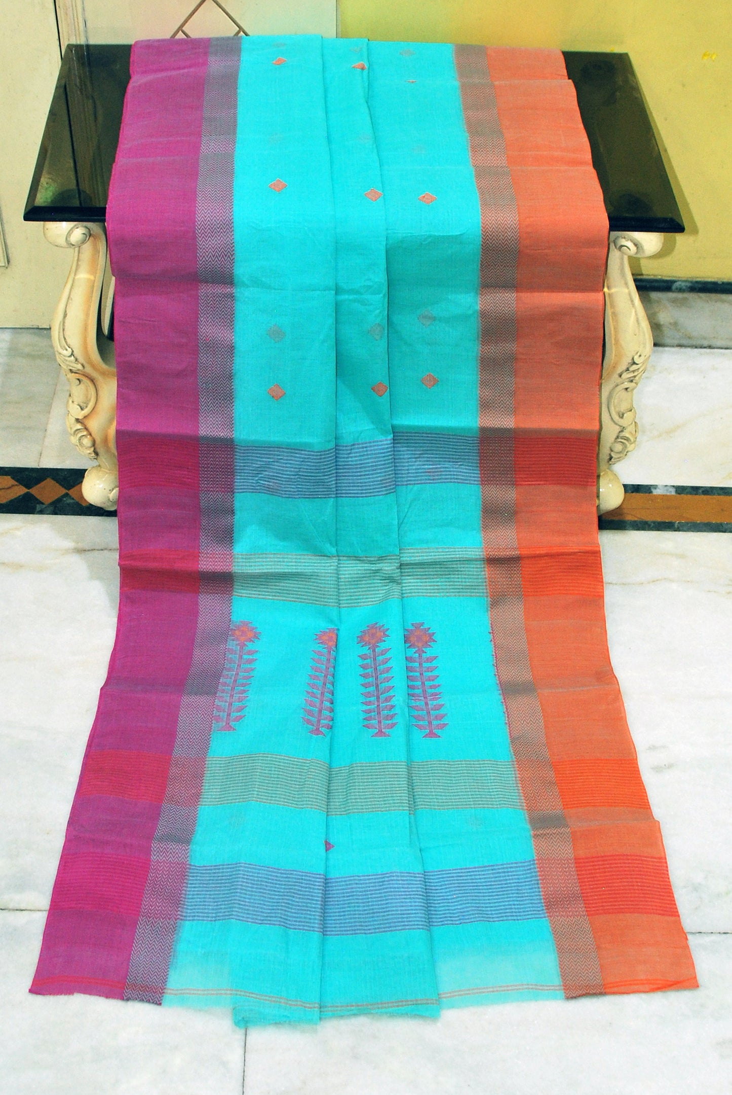 Woven Matta Nakshi Ganga Jamuna Border Premium Quality Bengal Handloom Cotton Saree in Celeste Blue, Magenta and Orange