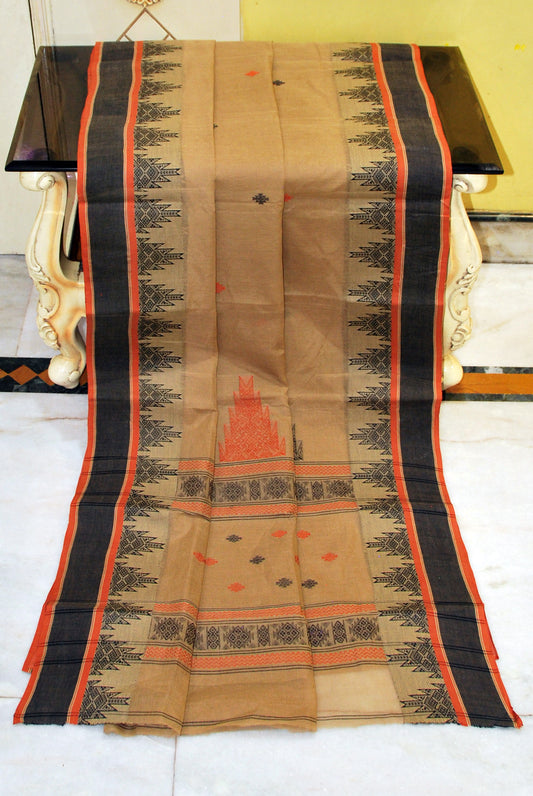 Woven Matta Crowned Temple Border Premium Quality Bengal Handloom Cotton Saree in Chocolate, Black and Rust Brown