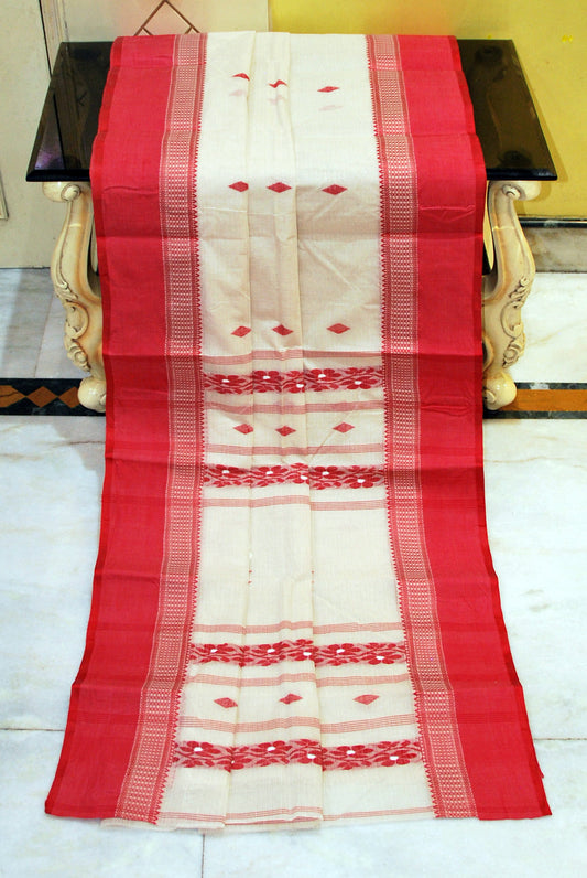 Woven Matta Nakshi Border Premium Quality Bengal Handloom Cotton Saree in Off White and Red